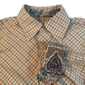 R&G Dress Shirt Mens Medium Tan Check Paisley Flip Cuff 100% Cotton Button Front